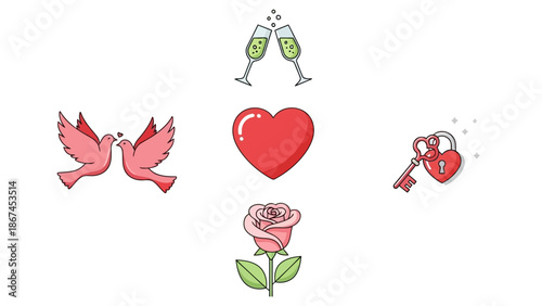 Valentine's Day icons show love symbols and couples in romantic settings.