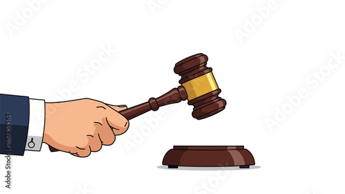 A judge's or auctioneer's hand in a business suit holding a wooden gavel over a sounding block, symbolizing law, justice, authority, and final decisions.