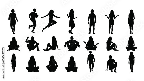 Diverse silhouettes of people in various poses and activities displayed in black