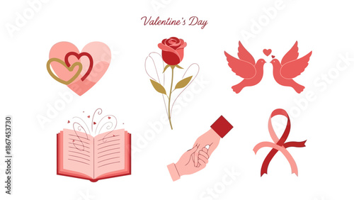 Valentine's Day romance concept with cute cartoon hearts and love symbols