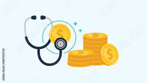 A stethoscope examining a shiny gold dollar coin, with other coin stacks nearby, represents the cost of healthcare, medical insurance, or a financial checkup.