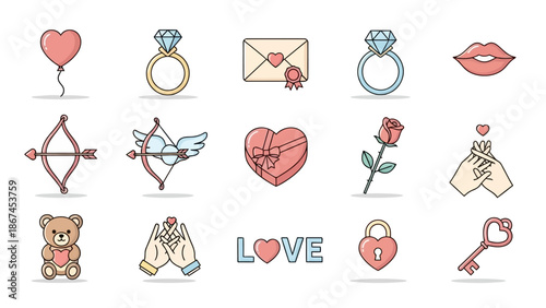 Valentine's Day illustration with heart symbols, gifts, and animals showing love