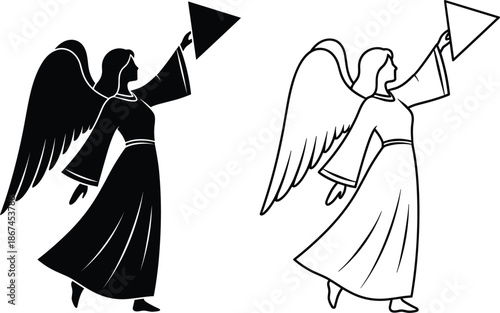 Silhouette and Outline of an Angel Holding a Triangle Banner with Wings winged figure drawing