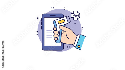 An icon of a hand holding a non-contact infrared thermometer with a smartphone and heartbeat symbol, representing digital health checks and mobile technology.