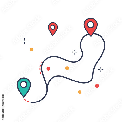 Minimal flat illustration of a travel route map with colorful location pins and a winding dashed path