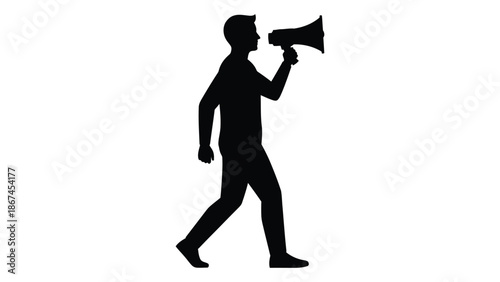 Silhouette of a man walking and speaking into a megaphone