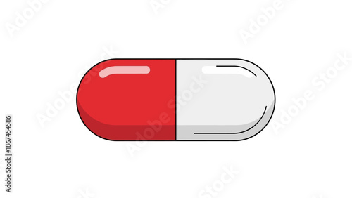 Red and white capsule pill on plain background