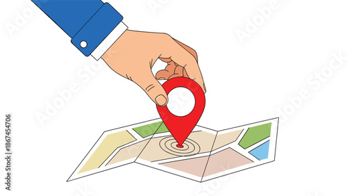 A hand in a blue business suit places a large red map pin or location marker onto a folded map, symbolizing navigation, destination, or finding a location.