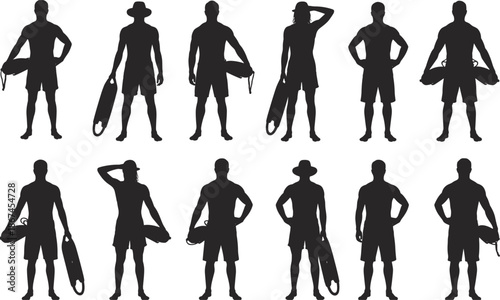 Silhouettes of male lifeguards in various poses holding rescue tubes vector illustration