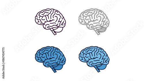 A set of four human brain icons in various line art and colored styles, representing intelligence, psychology, neuroscience, and creative thinking.