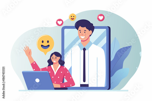 A smiling man on a video call with a colleague using a laptop