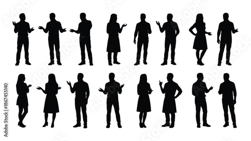 Diverse group of people silhouettes in various poses and attire displayed