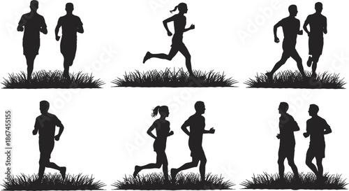 Silhouettes of men and women running through grass in six different poses runners jogging