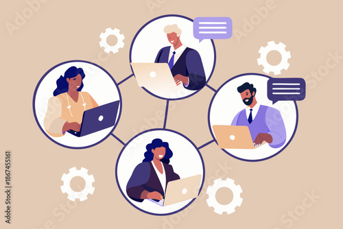 Diverse team collaborating remotely using laptops and communication platforms