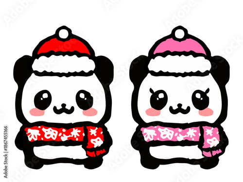 冬のパンダのカップルの落書きイラスト素材2