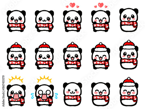 マフラーと帽子姿の冬のパンダの落書きイラスト素材セット