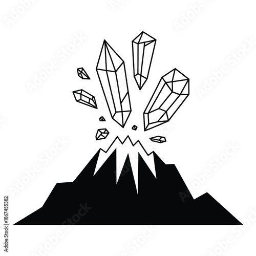 Crystals Erupting from Mountain Silhouette Representing Geological Formation Mineral Extraction Raw Gems Earth Science Energy Symbolism Nature Power