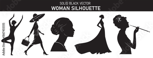 Solid Black Woman Silhouette Icon on White Background