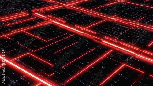 Red laser lines slicing across a complex black maze, filmed in a digital flythrough Fast-paced motion, parallax shifts, and glowing trail effects heighten tension 4K