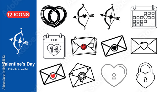 Valentine's Day Icon Set: A selection of elegantly designed black and white icons for Valentine's Day, including hearts, cupid's bow and arrow, love letter envelopes, a calendar for February 14th.