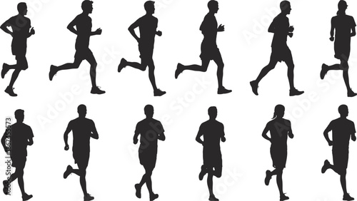 Silhouettes of men running in various poses on a white background runner male