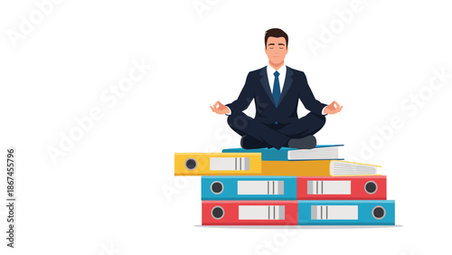 A calm businessman in a suit meditates in the lotus position on top of a large stack of colorful office binders, finding balance and peace at work.