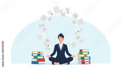 A businesswoman meditates in a lotus pose, calmly juggling flying papers between two stacks of binders, symbolizing stress management and multitasking.