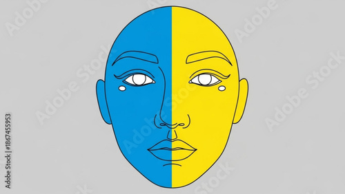 Illustration of a human face divided into blue and yellow halves with tears