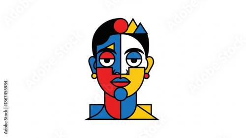 A colorful geometric illustration of a persons head in a cubist style with bold lines and vibrant colors