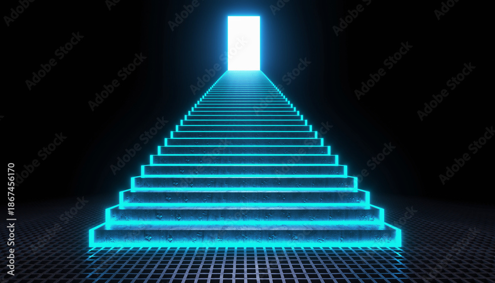 Naklejka premium Stairway to Open Doorway with Neon Lights in Dark Environment from Front View
