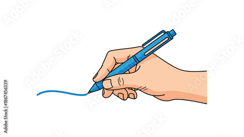 A simple cartoon illustration of a hand holding a blue ballpoint pen and drawing a wavy line on a white background, representing writing or signing.