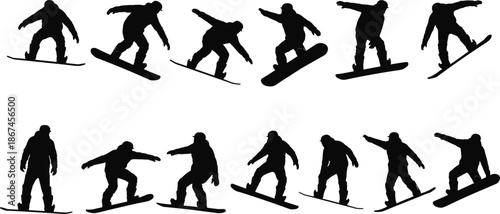 Silhouettes of snowboarders performing tricks on white background snowboarding winter