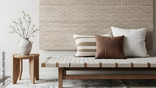 Cozy living room with a bench and decorative pillows