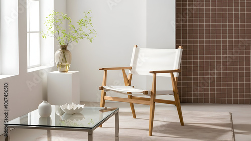 Modern living room with wooden chair and glass coffee table