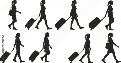 Silhouettes of Women Walking with Suitcases on a White Background Keywords: woman, women, silhouette, walking, suitcase, luggage