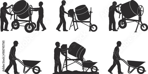 Six Silhouettes Of Construction Workers Operating Concrete Mixers And Wheelbarrows builder cement mixer