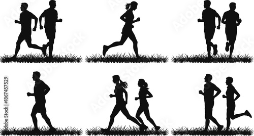 Six Silhouettes of People Running Through Grass on White Background woman