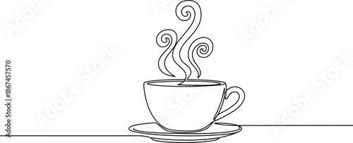 Elegant continuous line drawing of a steaming hot beverage cup on a saucer, a minimalist cafe design element capturing warmth and comfort for relaxing moments