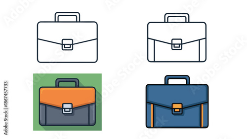 A set of four briefcase icons in various styles including outline and colorful flat designs, symbolizing business, work, and professional careers.