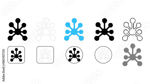 Set of abstract molecular or starlike icons in various styles solid, outline, colored, and framed variations
