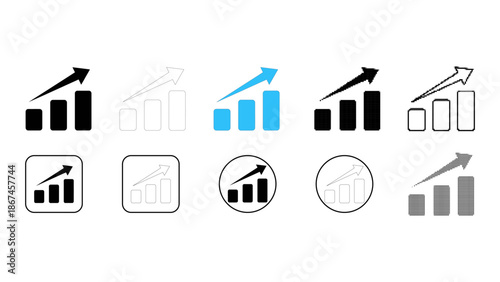 Set of business growth bar chart icons with upward trending arrow in various styles and colors