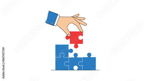 A businessman's hand places the final red puzzle piece into a blue jigsaw puzzle, symbolizing problem-solving, strategy, and business solutions.