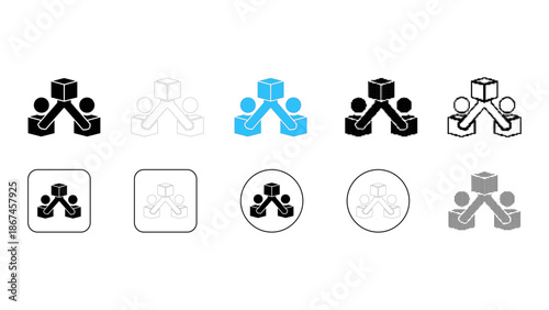 Set of different styles icons representing teamwork, collaboration, connection, and shared goal achievement with a centr