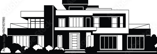 Modern luxury villa silhouette with bold geometric volumes layered balconies and striking contemporary residential exterior composition.