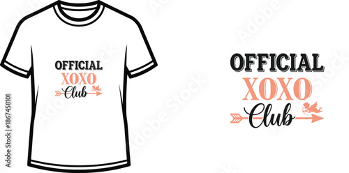 Typography t shirt design featuring the love-themed slogan "official xoxo club" with cupid and arrow graphic in black and peach. isolated on transparent background