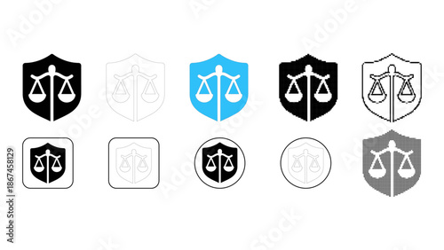 Set of justice scales icons in shield shapes, law and balance symbols in various styles, vector illustrations