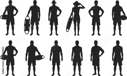 Twelve Silhouettes of Lifeguards in Uniform with Rescue Buoys on White Background rescuer beach