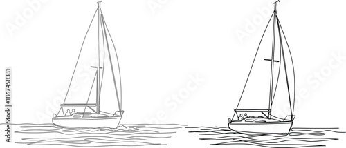 Graceful line art illustrations depicting two sailboats navigating the gentle ocean, symbolizing freedom, adventure, and the serene beauty of maritime exploration