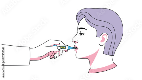 A doctor's hand places a digital thermometer in a young man's mouth to check for fever, illustrating a medical examination or health checkup.