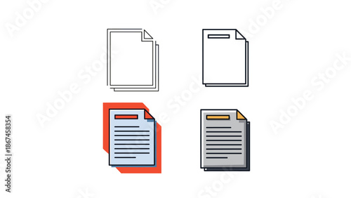 A set of four document or paper icons in different styles, including simple outline and colorful versions with text, for office and business use.